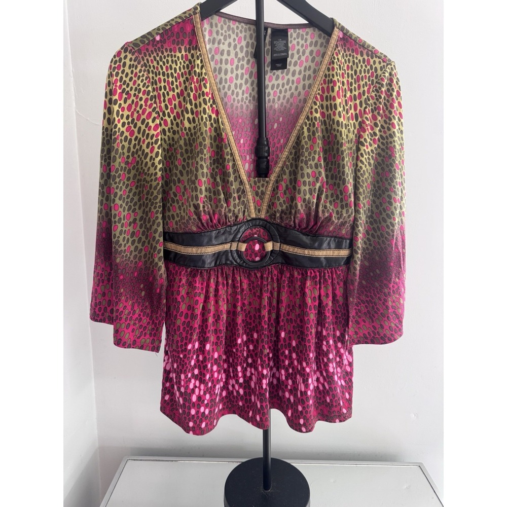 Bisou Bisou Y2K Dot Print Empire Waist Tunic Top Pink Brown Boho L